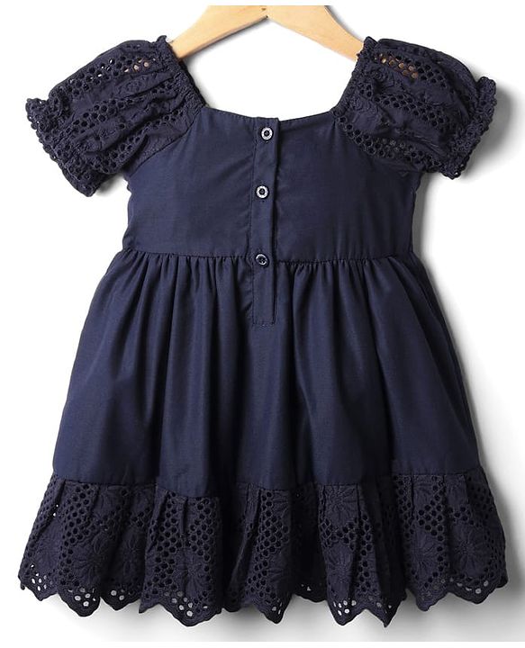 Babyhug Cotton Knit Half Sleeves Solid Coloured Frock With Lace Detailing & Bow Applique - Navy Blue