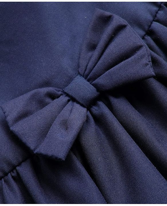 Babyhug Cotton Knit Half Sleeves Solid Coloured Frock With Lace Detailing & Bow Applique - Navy Blue
