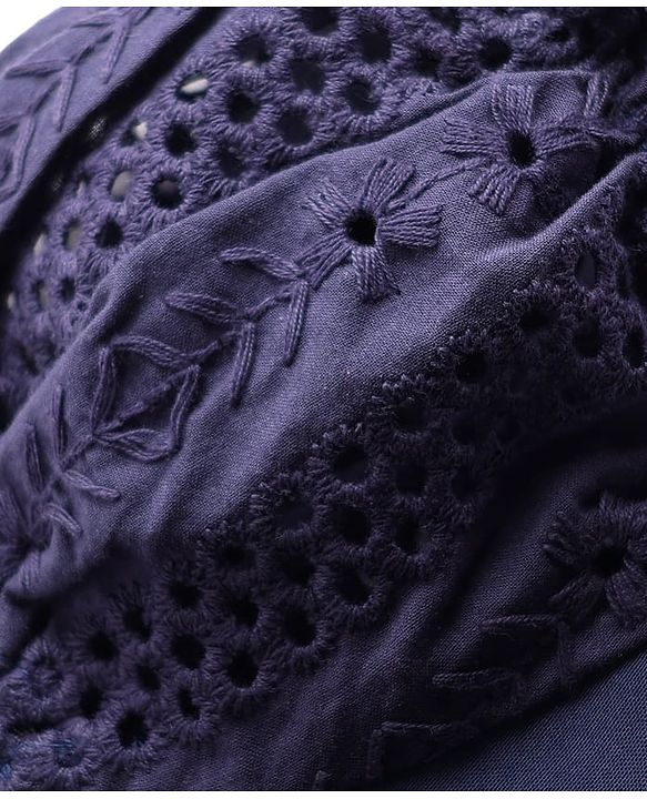 Babyhug Cotton Knit Half Sleeves Solid Coloured Frock With Lace Detailing & Bow Applique - Navy Blue