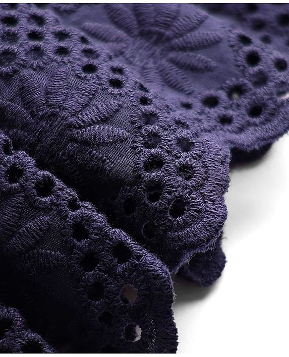 Babyhug Cotton Knit Half Sleeves Solid Coloured Frock With Lace Detailing & Bow Applique - Navy Blue