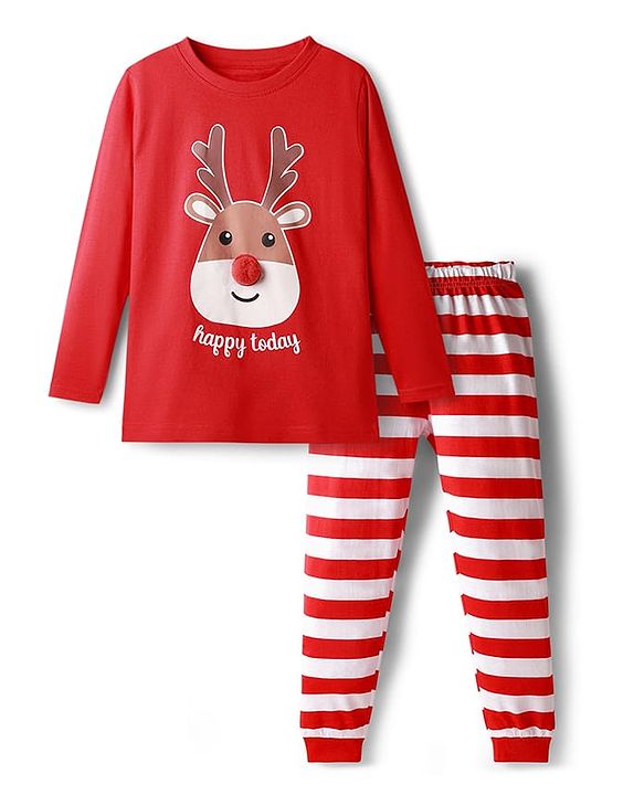 Babyhug Cotton Knit Full Sleeves Night Suit with Reindeer & Stripe Print - Red & White