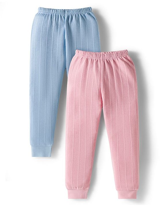 Babyhug Knit Full Length Solid Color Thermal Leggings Pack of 2 - Light Blue & Pink