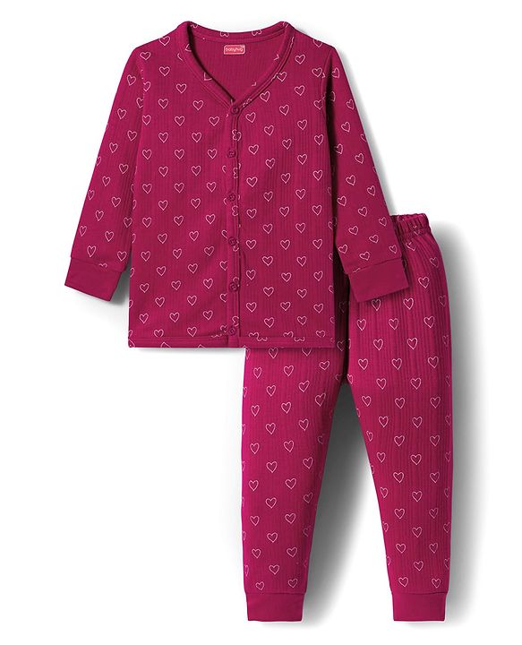 Babyhug Knit Full Sleeves Thermal Inner Wear Set With Heart Print - Fuchsia