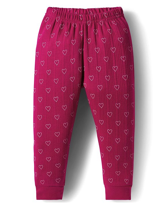 Babyhug Knit Full Sleeves Thermal Inner Wear Set With Heart Print - Fuchsia