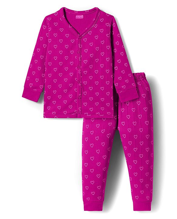 Babyhug Knit Full Sleeves Thermal Inner Wear Set With Heart Print - Fuchsia