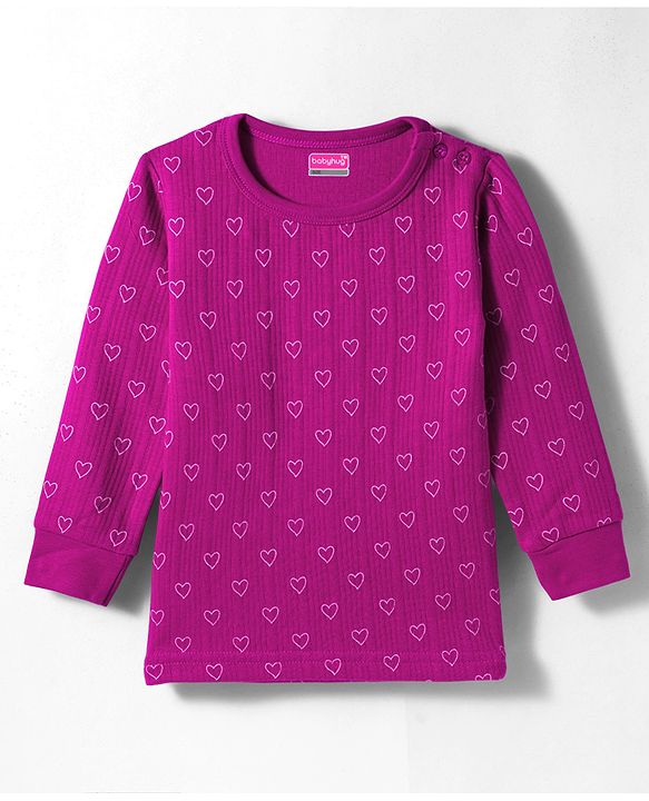 Babyhug Knit Full Sleeves Thermal Inner Wear With Heart Print - Fuschia