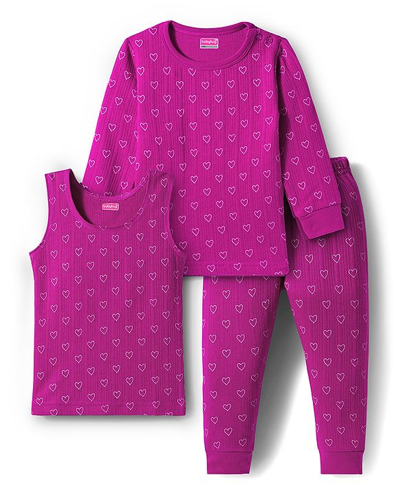 Babyhug Knit Full Sleeves Thermal Inner Wear With Heart Print - Fuschia