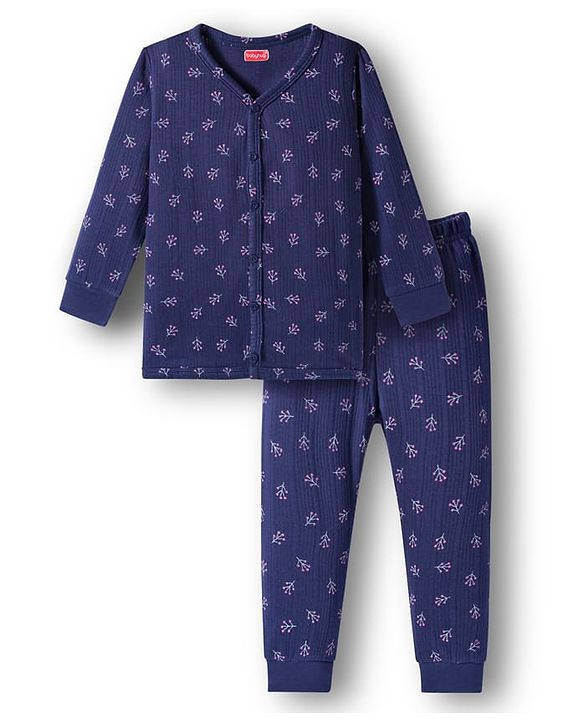 Babyhug Knit Full Sleeves Winter Thermal Inner Wear With Floral Print - Navy Blue