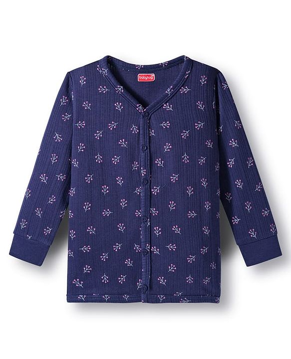 Babyhug Knit Full Sleeves Winter Thermal Inner Wear With Floral Print - Navy Blue