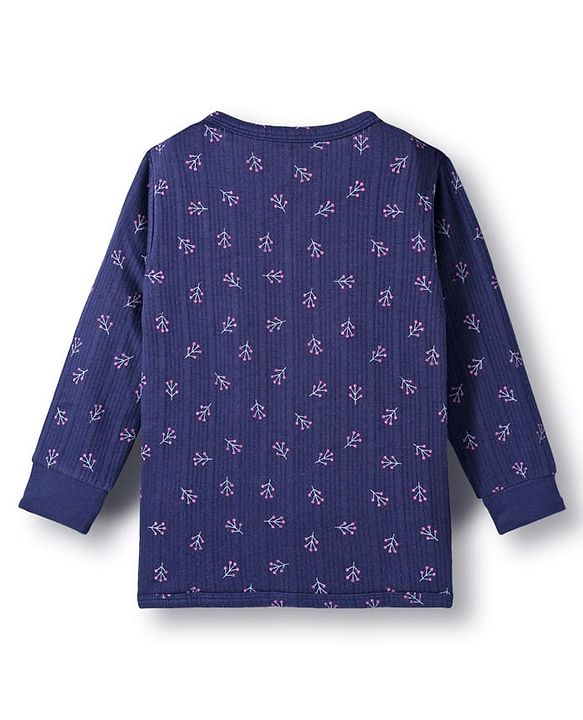 Babyhug Knit Full Sleeves Winter Thermal Inner Wear With Floral Print - Navy Blue