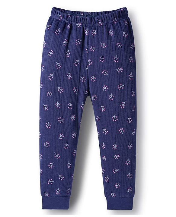 Babyhug Knit Full Sleeves Winter Thermal Inner Wear With Floral Print - Navy Blue