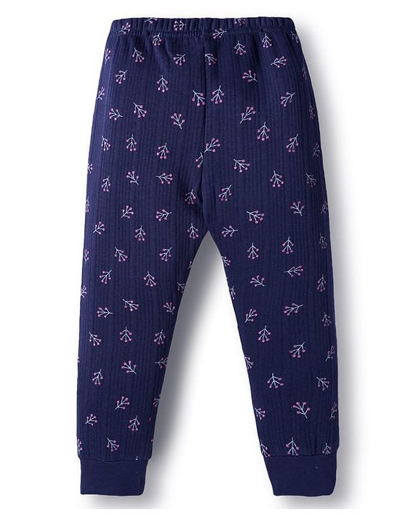 Babyhug Knit Full Sleeves Winter Thermal Inner Wear With Floral Print - Navy Blue