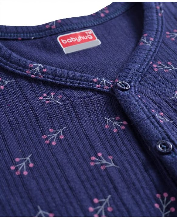 Babyhug Knit Full Sleeves Winter Thermal Inner Wear With Floral Print - Navy Blue