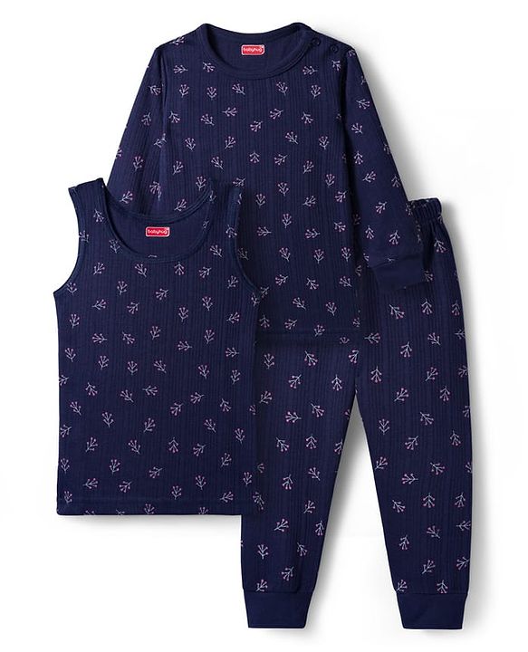 Babyhug Knit Full Length Thermal Inner Wear Set with Vest & Floral Print - Navy Blue