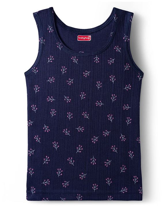Babyhug Knit Full Length Thermal Inner Wear Set with Vest & Floral Print - Navy Blue