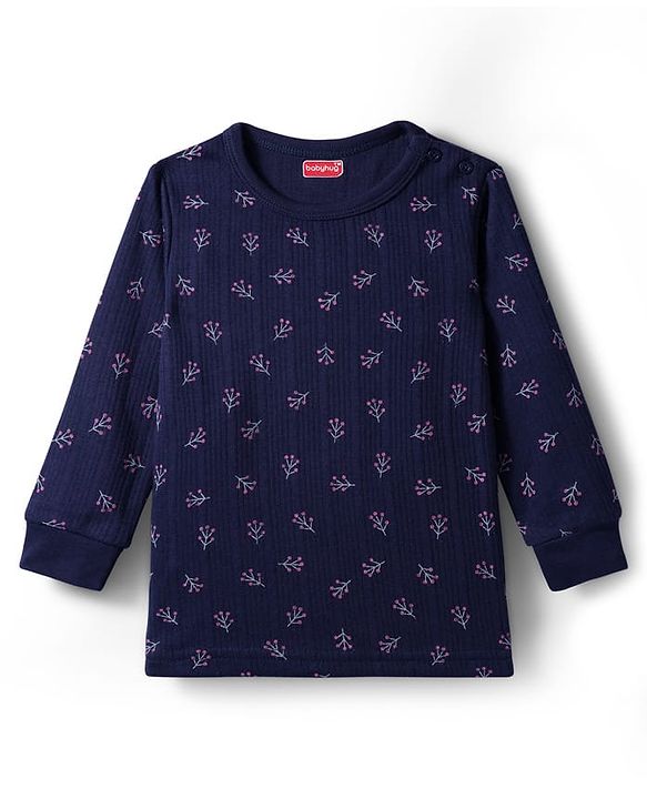 Babyhug Knit Full Length Thermal Inner Wear Set with Vest & Floral Print - Navy Blue
