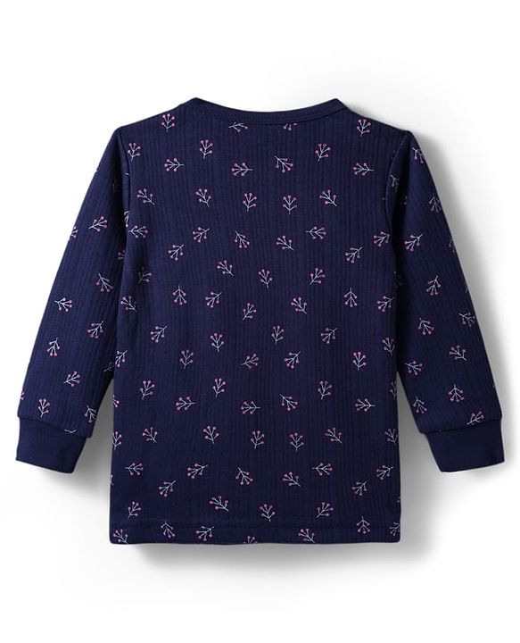 Babyhug Knit Full Length Thermal Inner Wear Set with Vest & Floral Print - Navy Blue