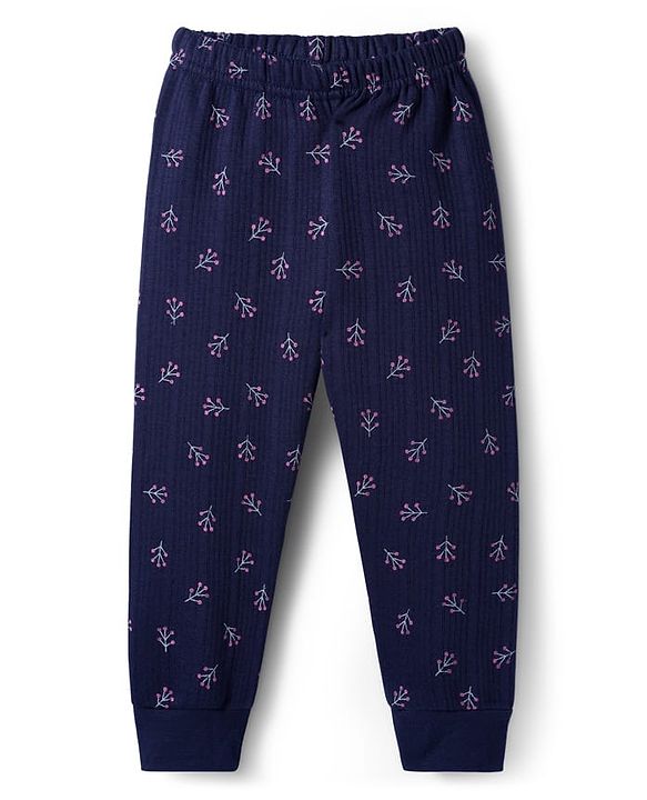 Babyhug Knit Full Length Thermal Inner Wear Set with Vest & Floral Print - Navy Blue