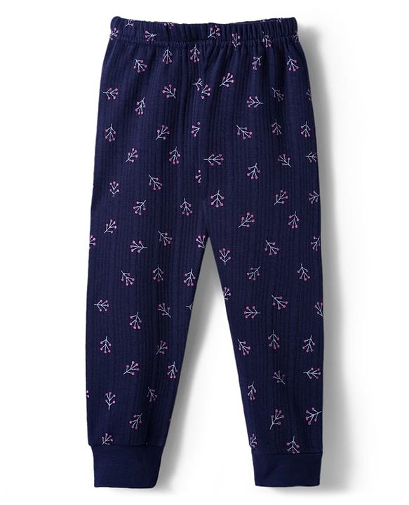 Babyhug Knit Full Length Thermal Inner Wear Set with Vest & Floral Print - Navy Blue