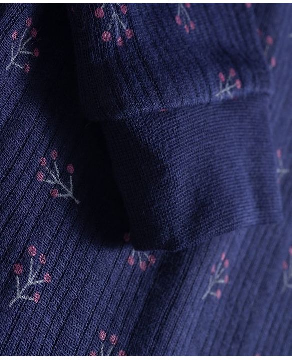 Babyhug Knit Full Length Thermal Inner Wear Set with Vest & Floral Print - Navy Blue