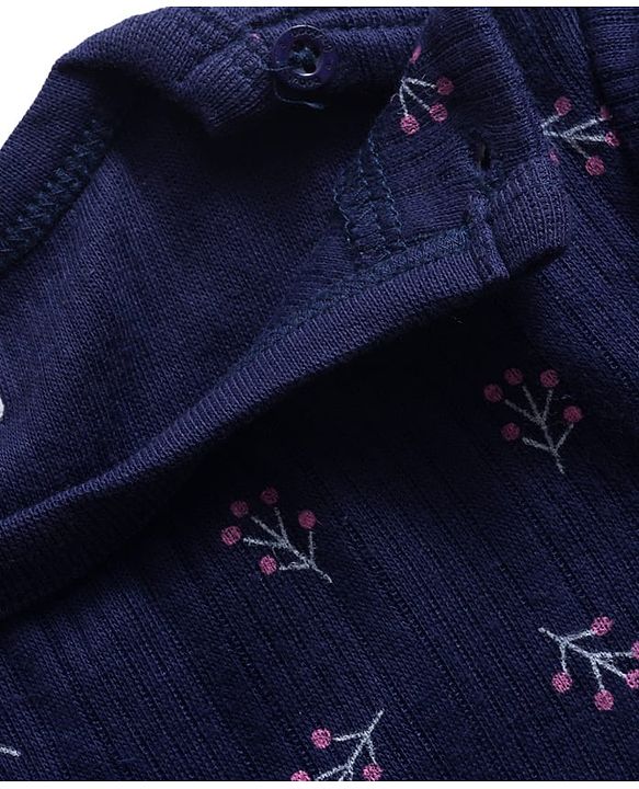 Babyhug Knit Full Length Thermal Inner Wear Set with Vest & Floral Print - Navy Blue