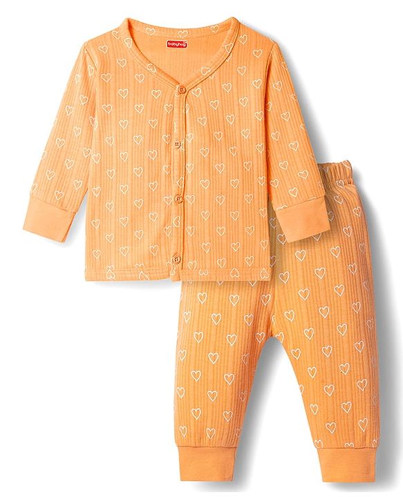 Babyhug Knit Full Sleeves Thermal Inner Wear Set With Heart Print - Orange
