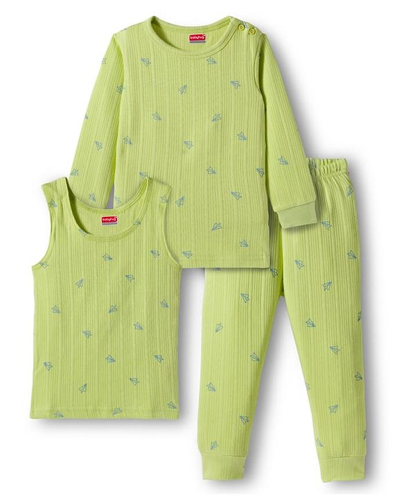 Babyhug Knit Full Sleeves Pullover & Sleeveless Thermal Vest & Pant Set with Origami Plane Print - Green