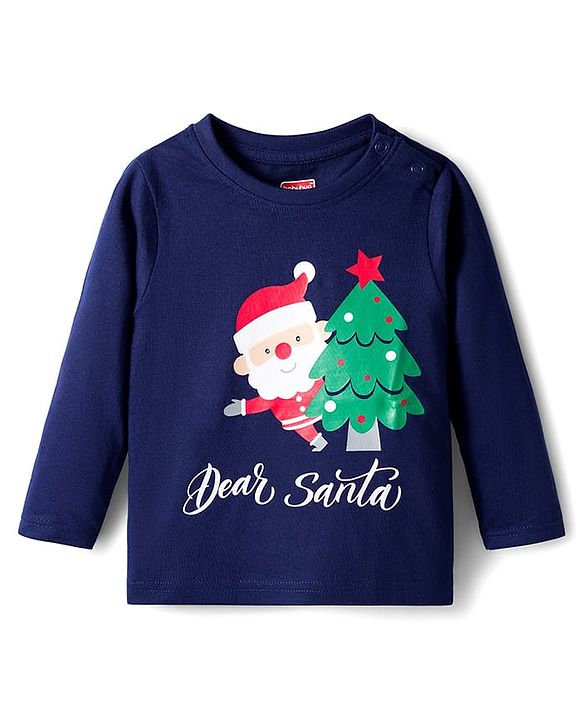 Babyhug Cotton Knit Full Sleeves Night Suit With Santa Print - Navy Blue