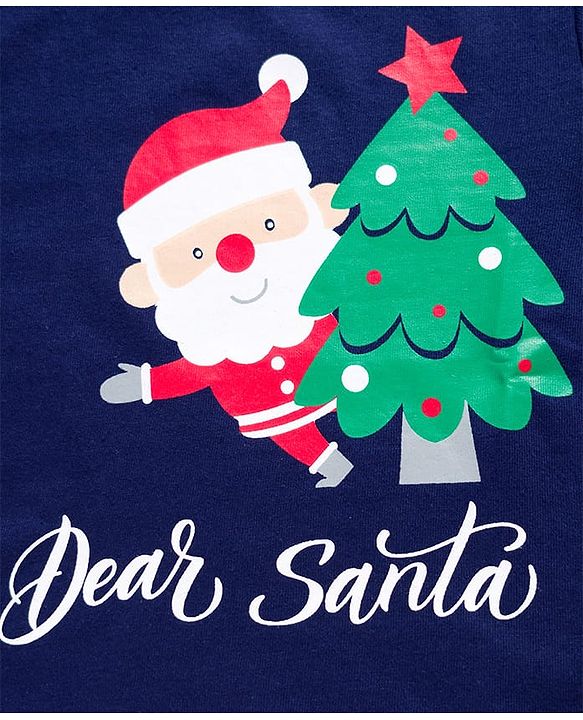 Babyhug Cotton Knit Full Sleeves Night Suit With Santa Print - Navy Blue