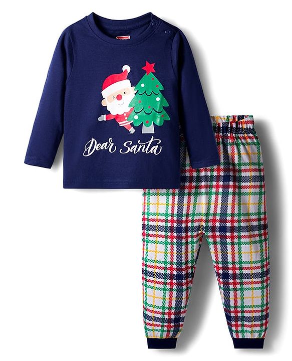 Babyhug Cotton Knit Full Sleeves Night Suit With Santa Print - Navy Blue