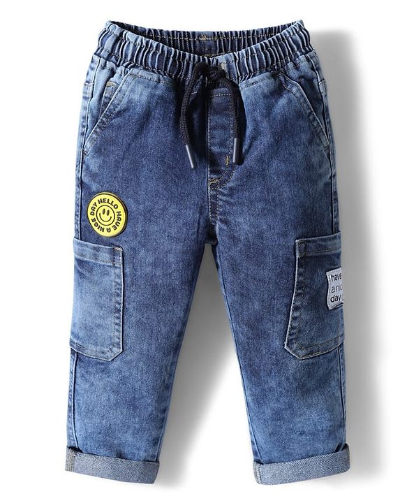 Babyhug Cotton Denim Full Length Washed Jeans With Stretch - Blue