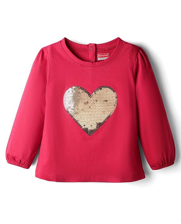 Babyhug 100 % Cotton Knit Full Sleeves Top with Sequined Heart - Red