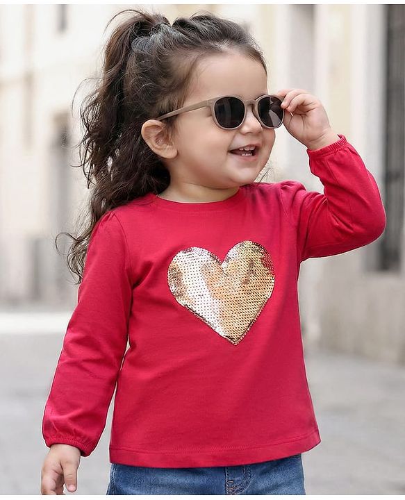 Babyhug 100 % Cotton Knit Full Sleeves Top with Sequined Heart - Red