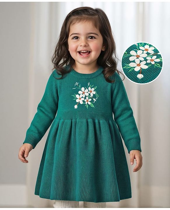 Babyhug Woollen Knit Full Sleeves A-Line  Dress with Floral Embroidery - Teal Blue