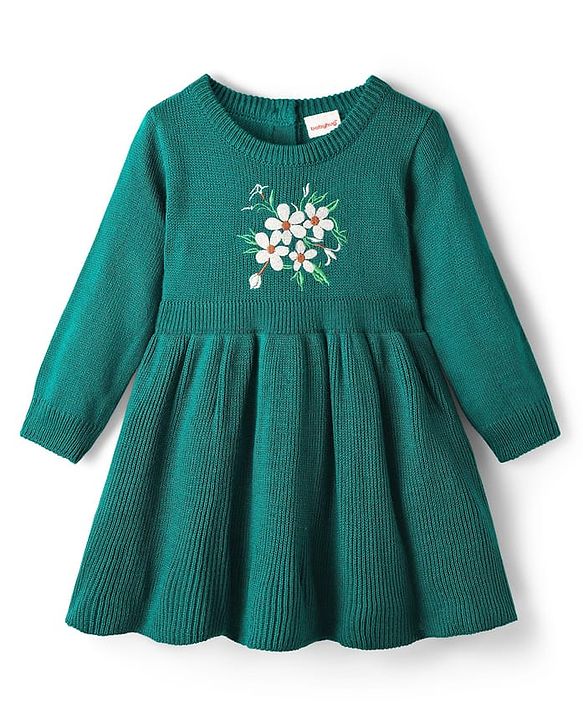 Babyhug Woollen Knit Full Sleeves A-Line  Dress with Floral Embroidery - Teal Blue