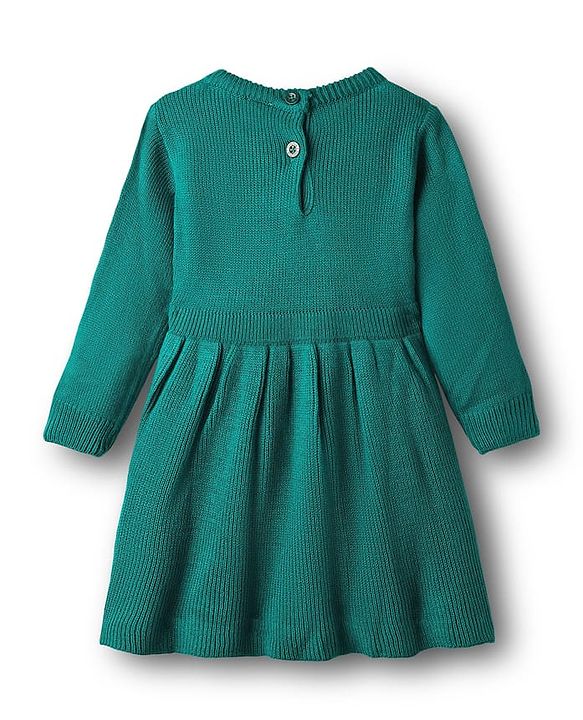 Babyhug Woollen Knit Full Sleeves A-Line  Dress with Floral Embroidery - Teal Blue