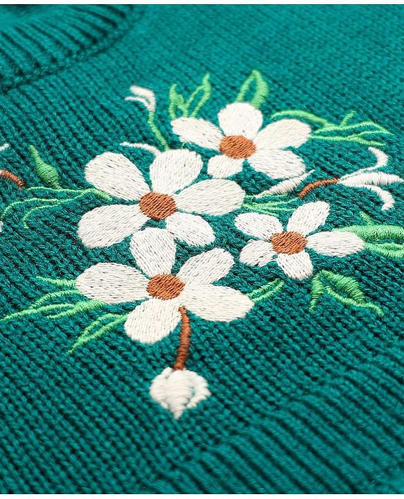 Babyhug Woollen Knit Full Sleeves A-Line  Dress with Floral Embroidery - Teal Blue