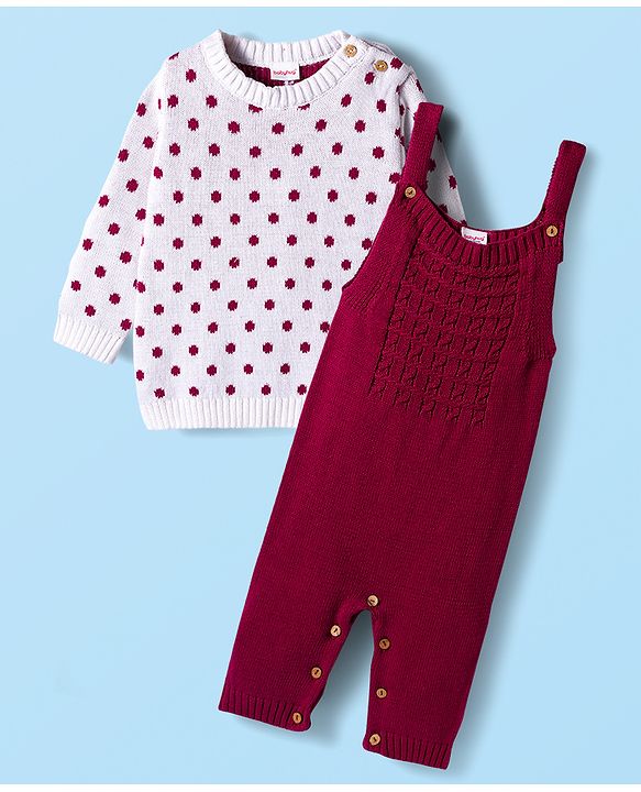 Babyhug Sweater Knit Winter Wear Dungaree Style Romper & Full Sleeves Inner Tee With Polka Dot Design - White & Wine