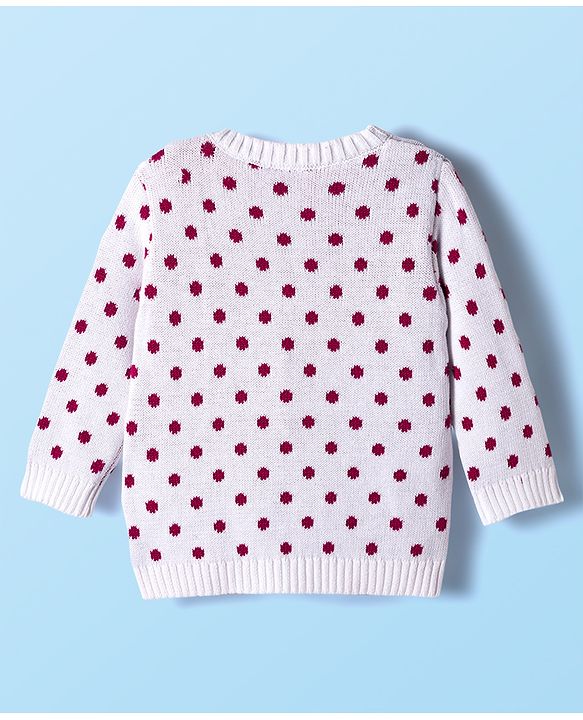 Babyhug Sweater Knit Winter Wear Dungaree Style Romper & Full Sleeves Inner Tee With Polka Dot Design - White & Wine