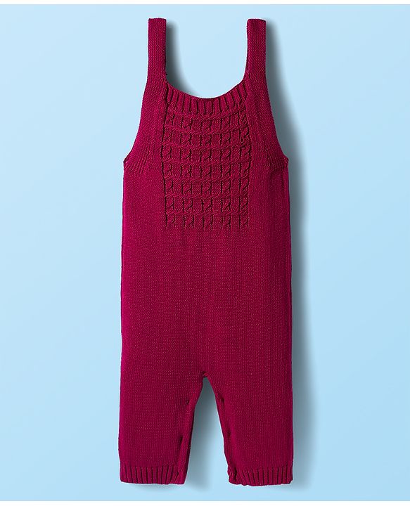 Babyhug Sweater Knit Winter Wear Dungaree Style Romper & Full Sleeves Inner Tee With Polka Dot Design - White & Wine