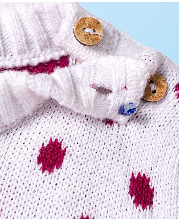 Babyhug Sweater Knit Winter Wear Dungaree Style Romper & Full Sleeves Inner Tee With Polka Dot Design - White & Wine
