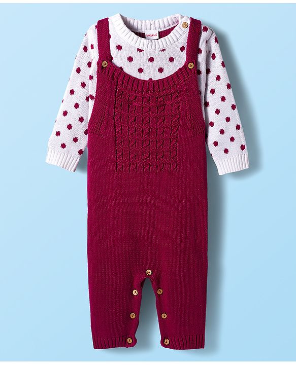 Babyhug Sweater Knit Winter Wear Dungaree Style Romper & Full Sleeves Inner Tee With Polka Dot Design - White & Wine