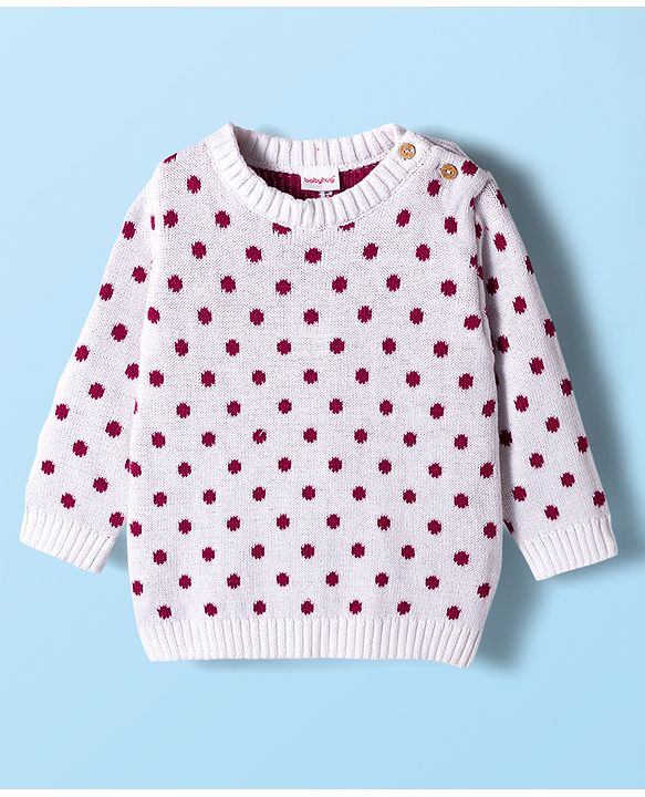 Babyhug Sweater Knit Winter Wear Dungaree Style Romper & Full Sleeves Inner Tee With Polka Dot Design - White & Wine