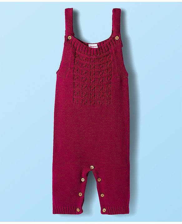 Babyhug Sweater Knit Winter Wear Dungaree Style Romper & Full Sleeves Inner Tee With Polka Dot Design - White & Wine