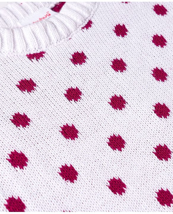 Babyhug Sweater Knit Winter Wear Dungaree Style Romper & Full Sleeves Inner Tee With Polka Dot Design - White & Wine
