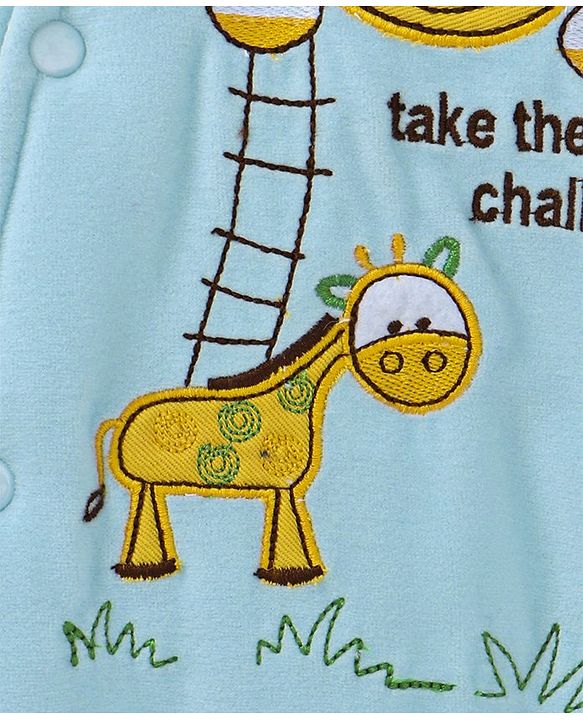 Babyhug Hooded Winter Wear Romper Giraffe Embroidered  - Aqua Blue