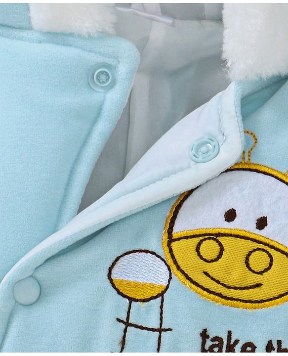 Babyhug Hooded Winter Wear Romper Giraffe Embroidered  - Aqua Blue