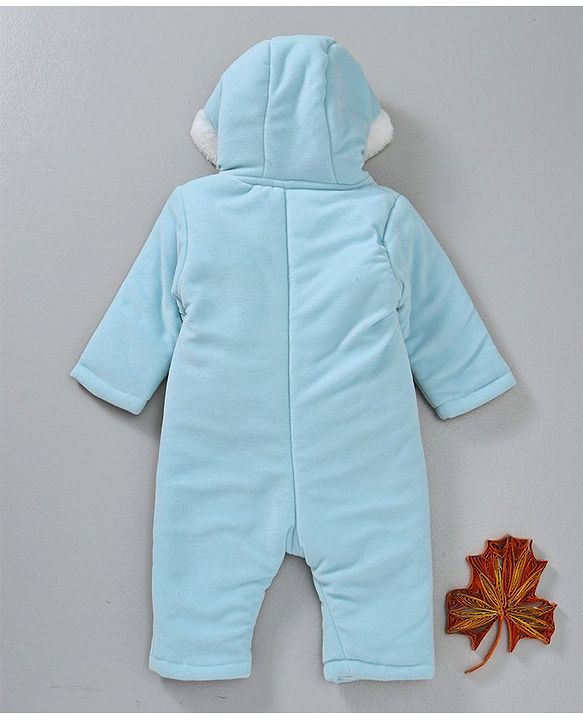 Babyhug Hooded Winter Wear Romper Giraffe Embroidered  - Aqua Blue