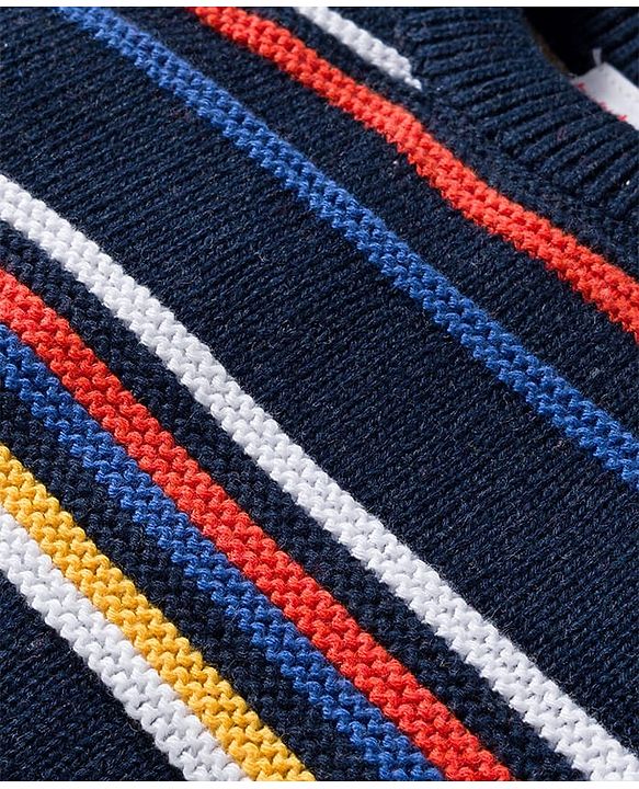 Babyhug Cotton Knitted Full Sleeves Striped Sweater Set With Cap - Navy Blue