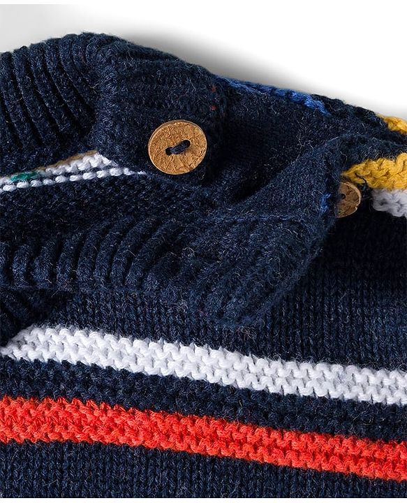 Babyhug Cotton Knitted Full Sleeves Striped Sweater Set With Cap - Navy Blue